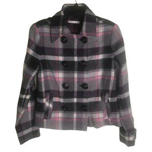 Cabi SZ 8 Womens Wool Blend Pink Gray Plaid Peacoat Coat Jacket Double Breasted